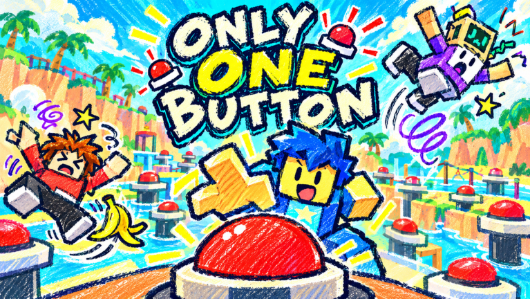 Only One Button artwork: Roblox characters race between red buttons on a tropical island.